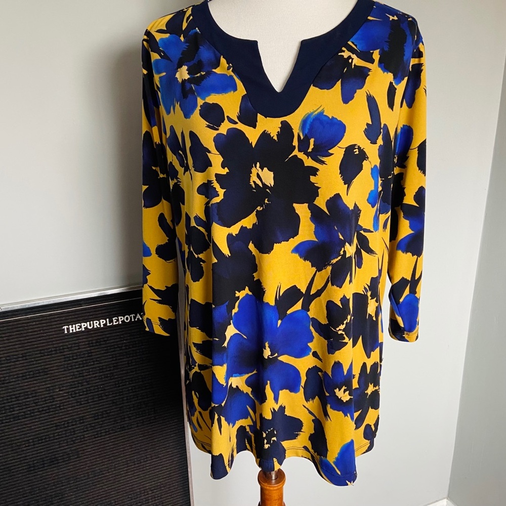 Susan Graver Blue and Yellow Floral Blouse